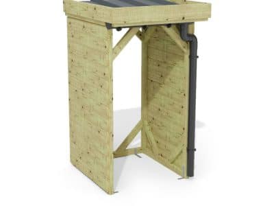 Abri à bûches 1 m × 1,30 m, adossé, avec gouttière – rendu 3D sur fond blanc