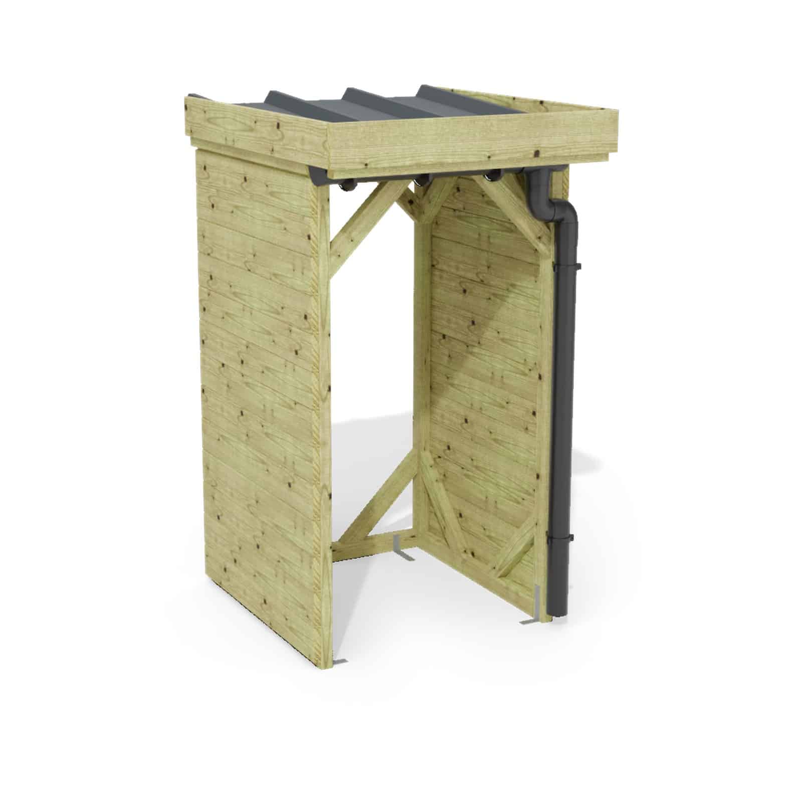 Abri à bûches 1 m × 1,30 m, adossé, avec gouttière – rendu 3D sur fond blanc