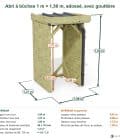 Abri à bûches 1 m × 1,30 m, adossé, avec gouttière – cotes extérieures et intérieures