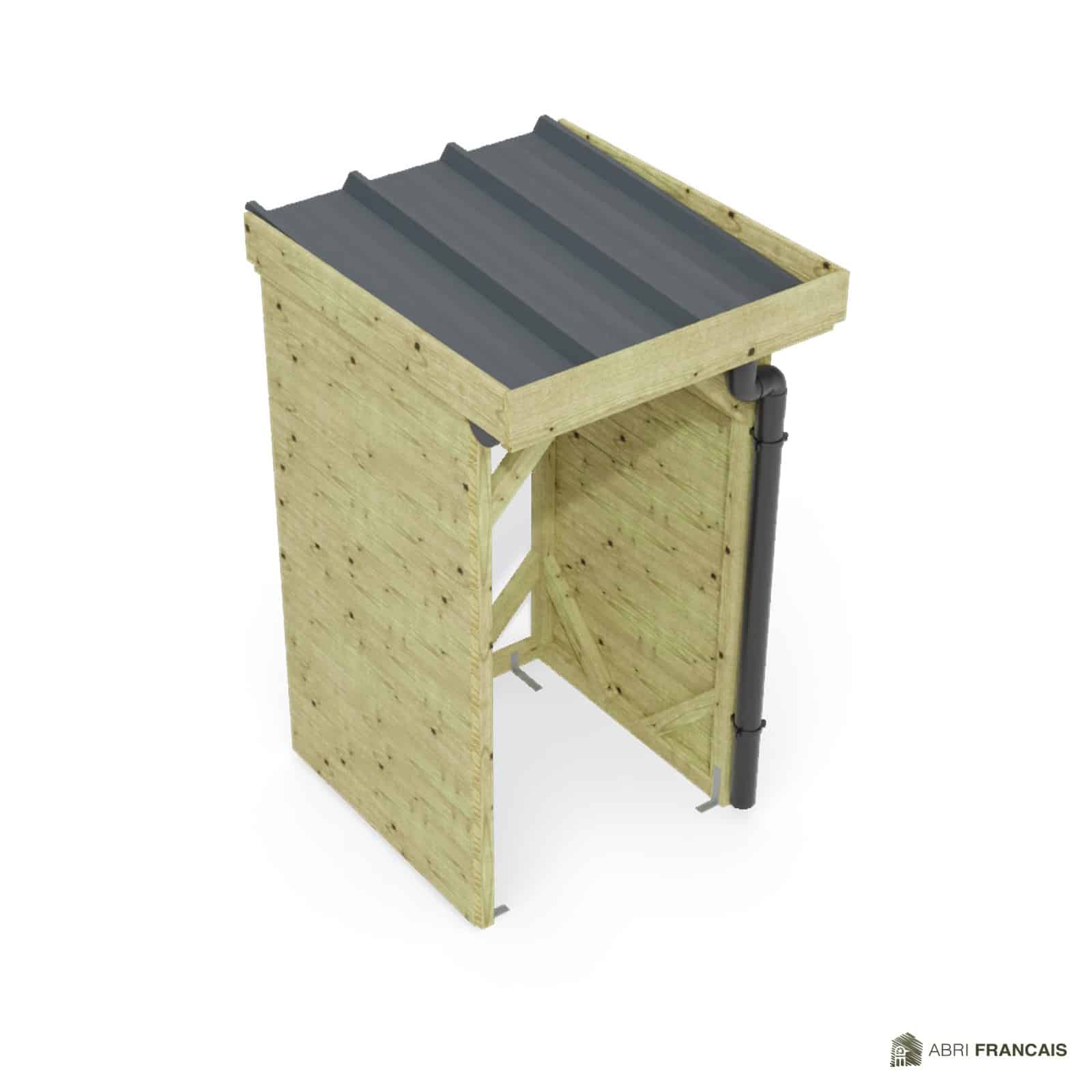 Abri à bûches 1 m × 1,30 m, adossé, avec gouttière – vue du toit en bac acier