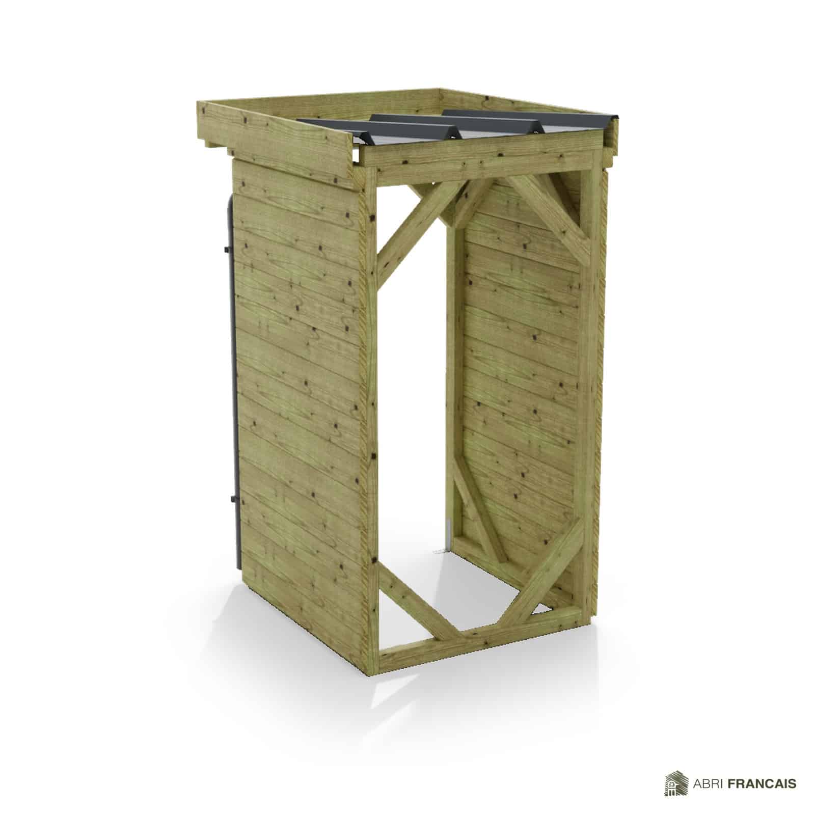 Abri à bûches 1 m × 1,30 m, adossé, avec gouttière – vue arrière, fond et côtés