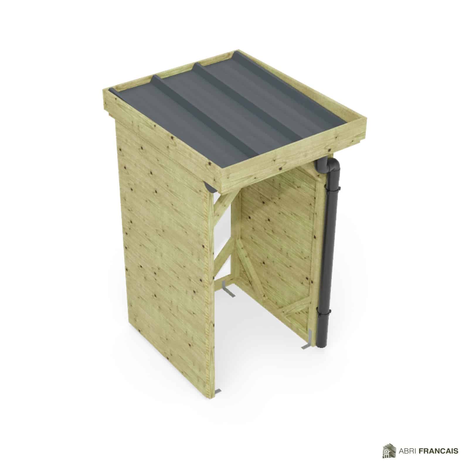 Abri à bûches 1 m × 1,30 m, avec gouttière – vue du toit en bac acier