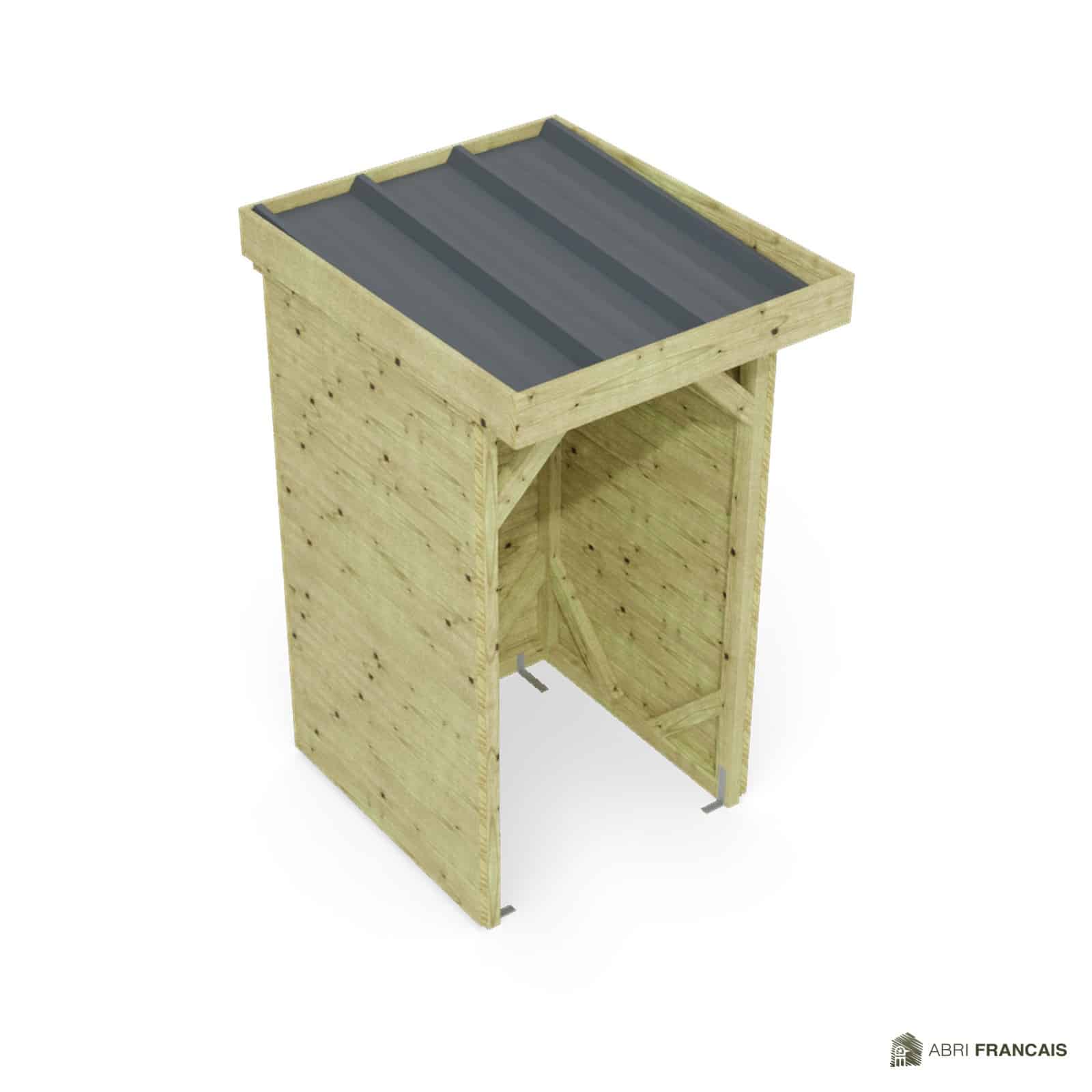 Abri à bûches 1 m × 1,30 m – vue du toit en bac acier