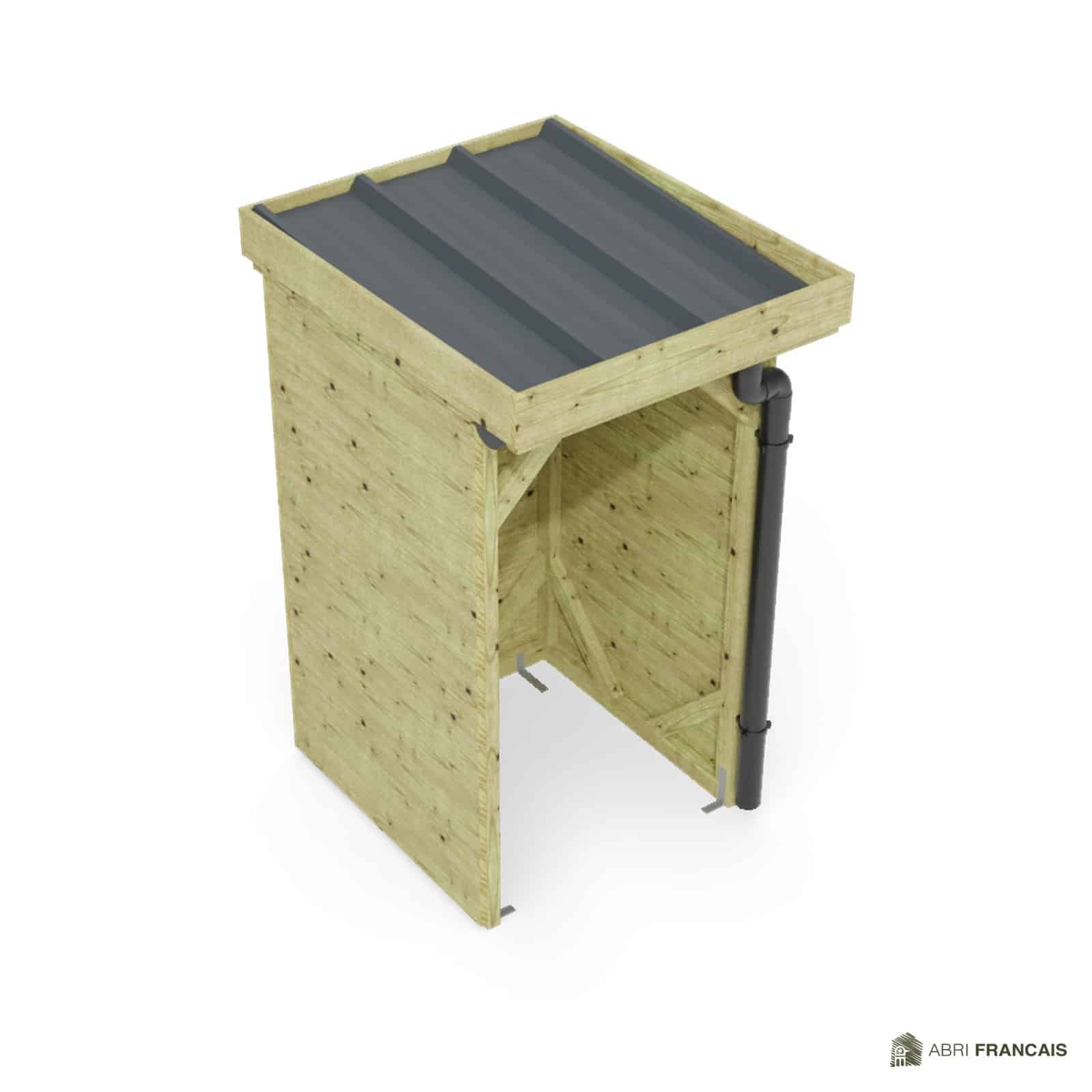 Abri à bûches 1 m × 1,30 m, avec gouttière – vue du toit en bac acier