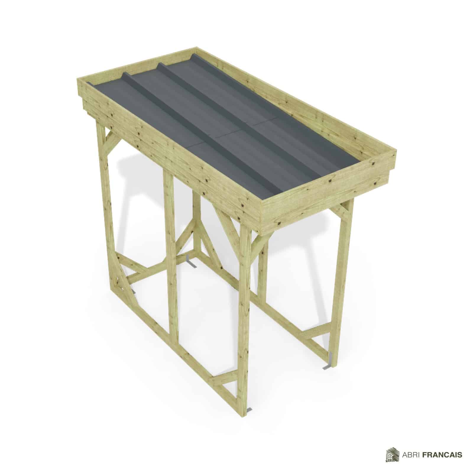 Abri à bûches 1 m × 2,27 m – vue du toit en bac acier