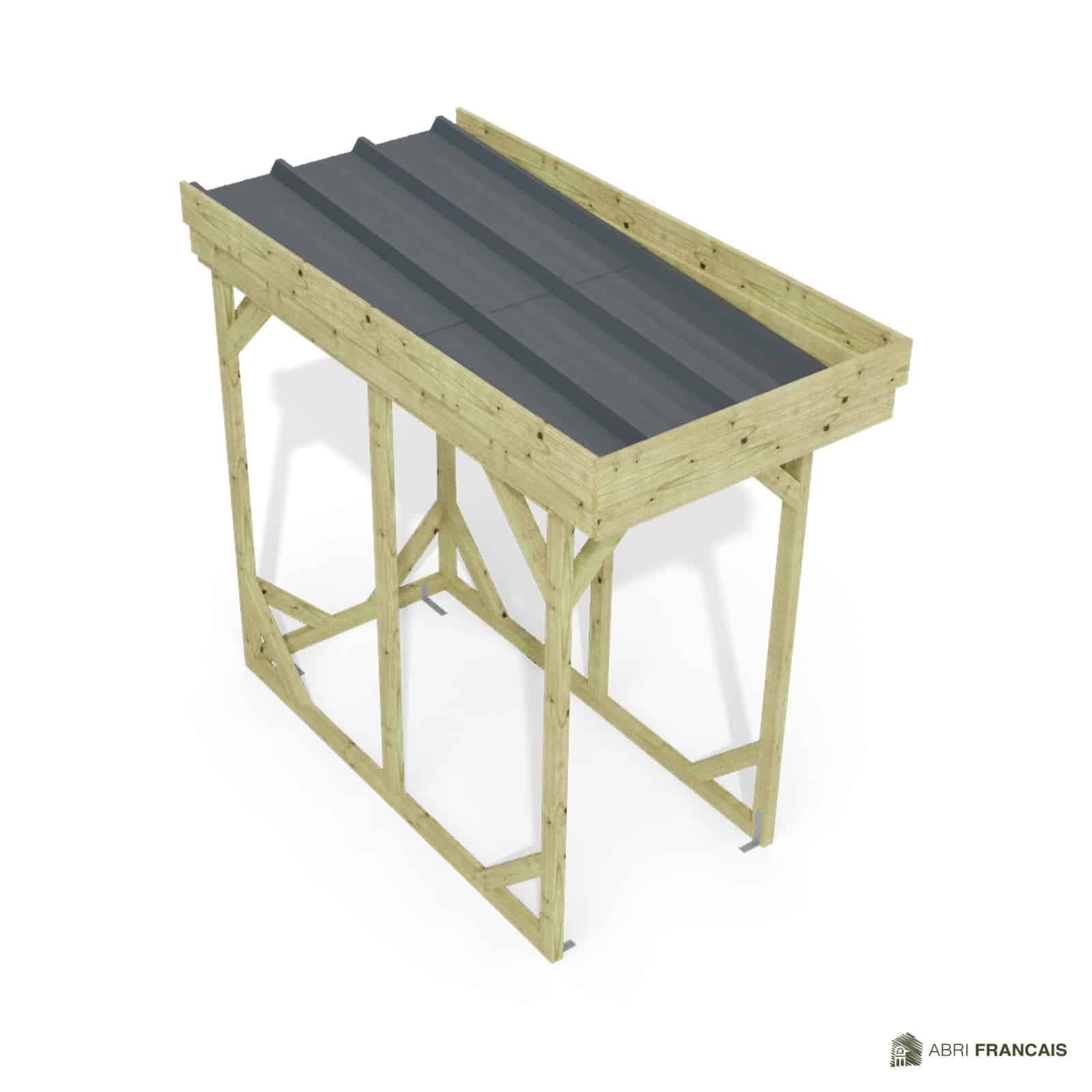 Abri à bûches 1 m × 2,27 m, adossé – vue du toit en bac acier