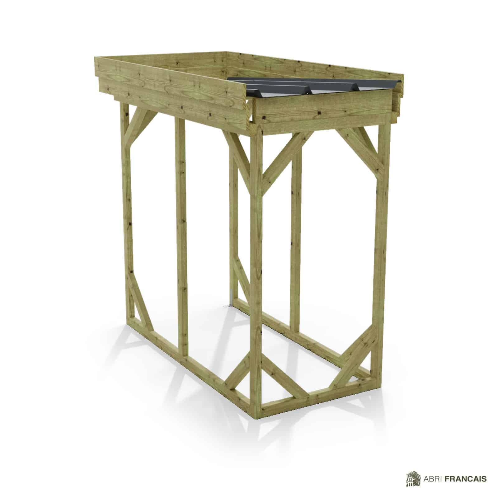 Abri à bûches 1 m × 2,27 m, adossé – vue arrière, fond et côtés