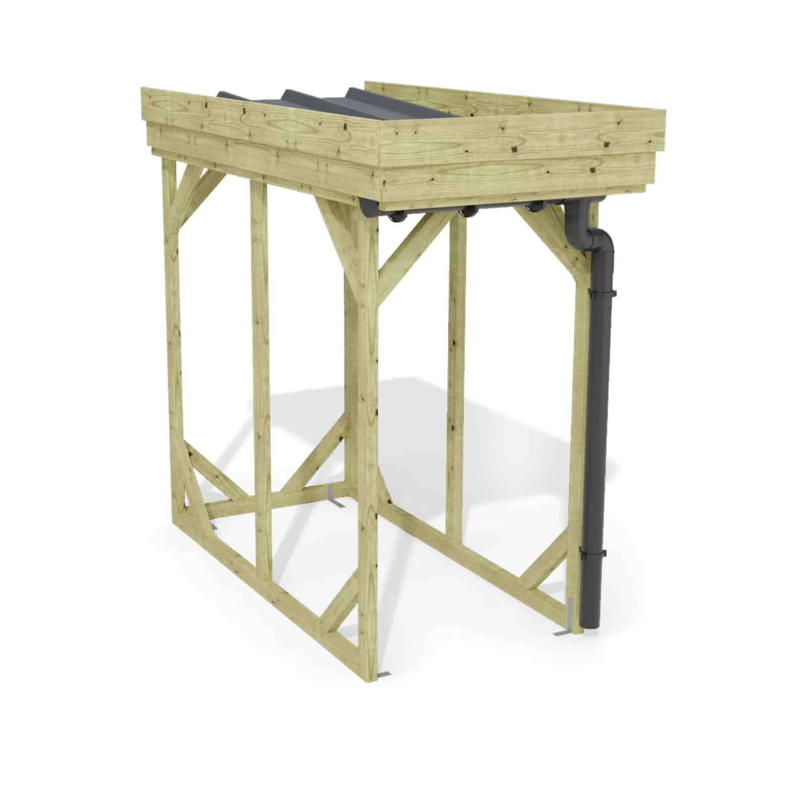 Abri à bûches 1 m × 2,27 m, adossé, avec gouttière – rendu 3D sur fond blanc
