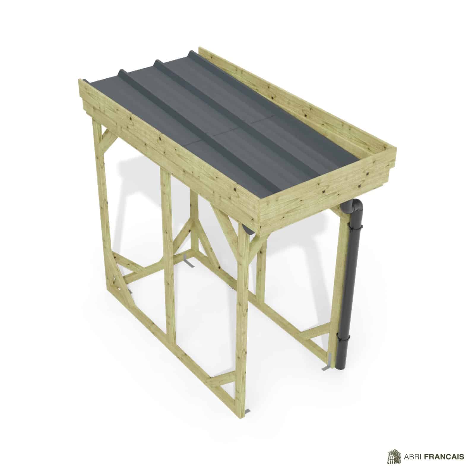 Abri à bûches 1 m × 2,27 m, adossé, avec gouttière – vue du toit en bac acier