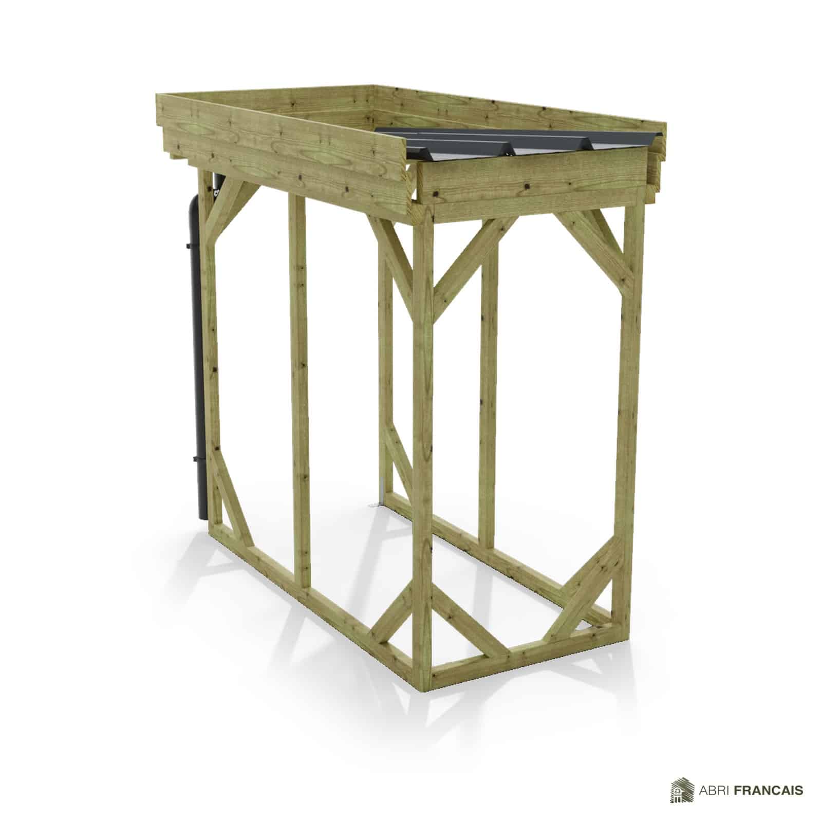 Abri à bûches 1 m × 2,27 m, adossé, avec gouttière – vue arrière, fond et côtés