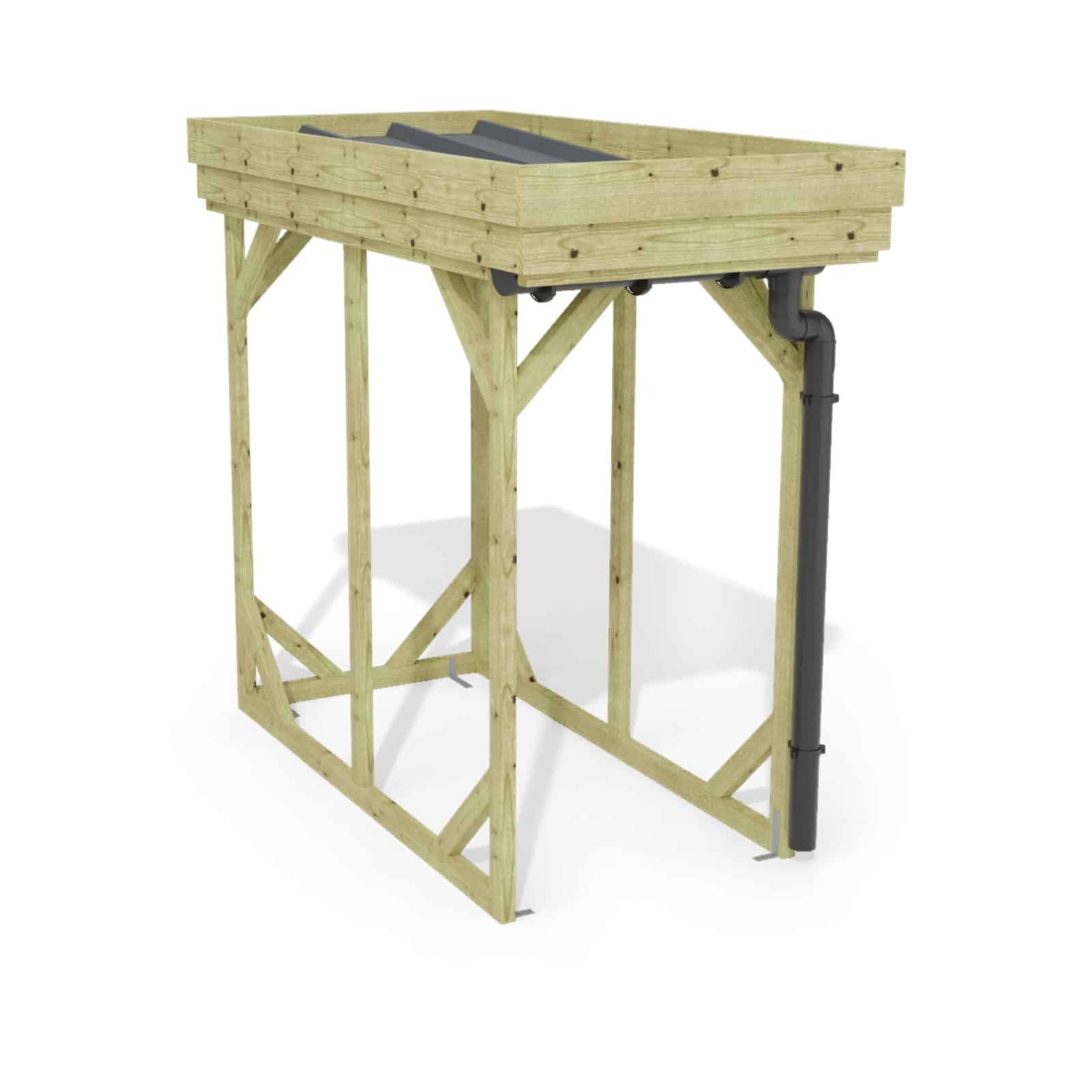Abri à bûches 1 m × 2,27 m, avec gouttière – rendu 3D sur fond blanc