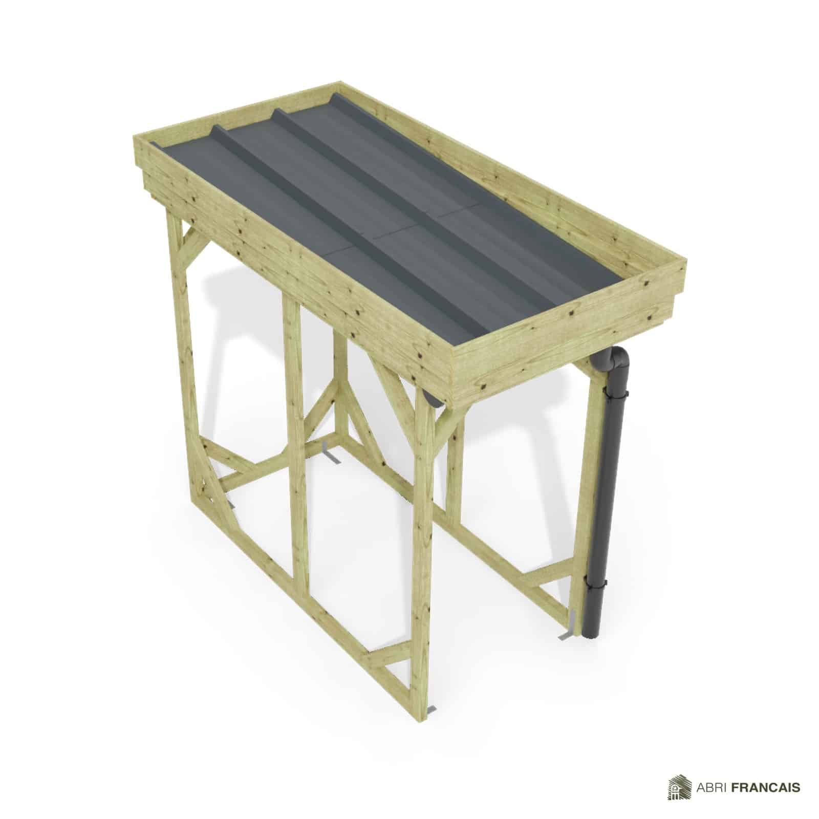 Abri à bûches 1 m × 2,27 m, avec gouttière – vue du toit en bac acier
