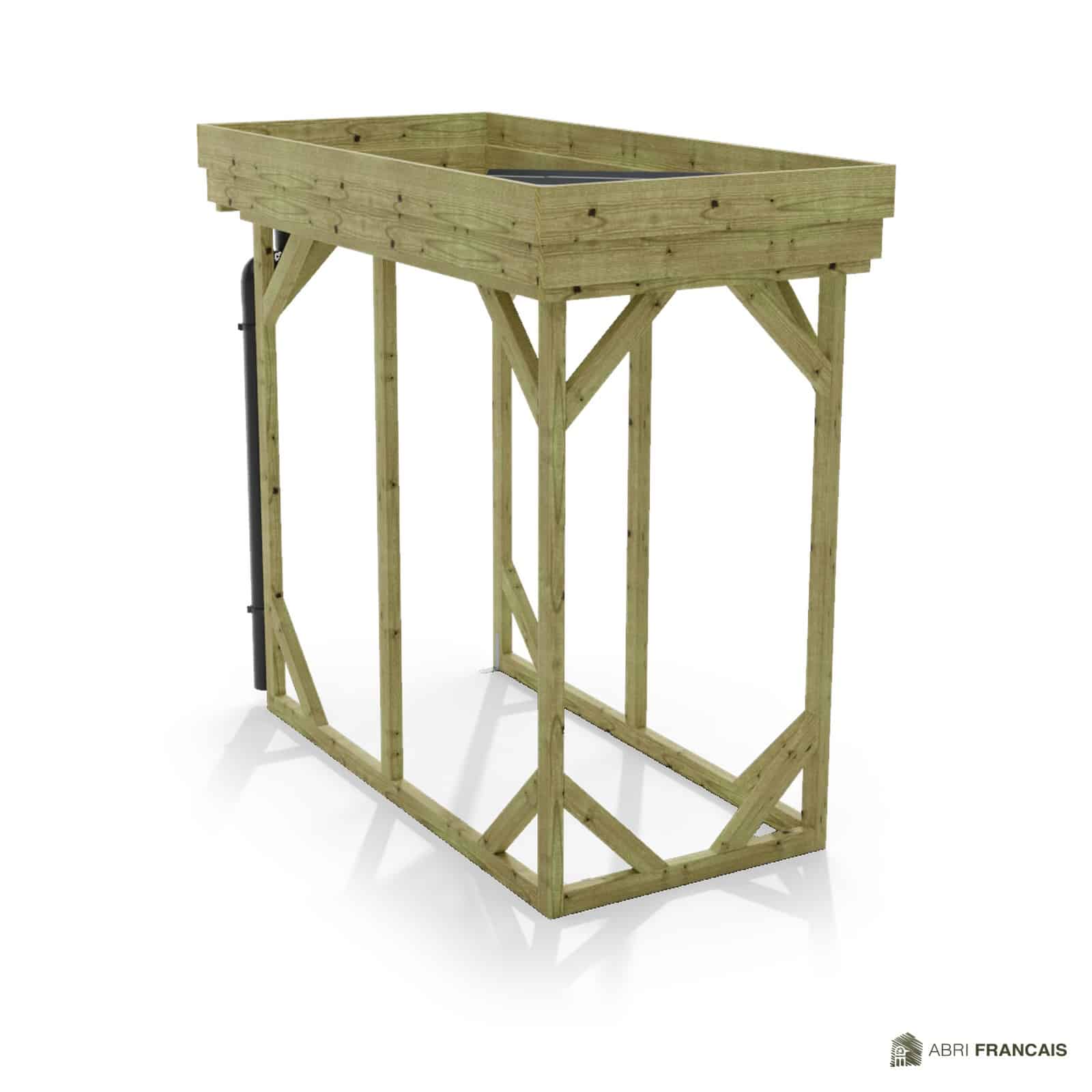 Abri à bûches 1 m × 2,27 m, avec gouttière – vue arrière, fond et côtés