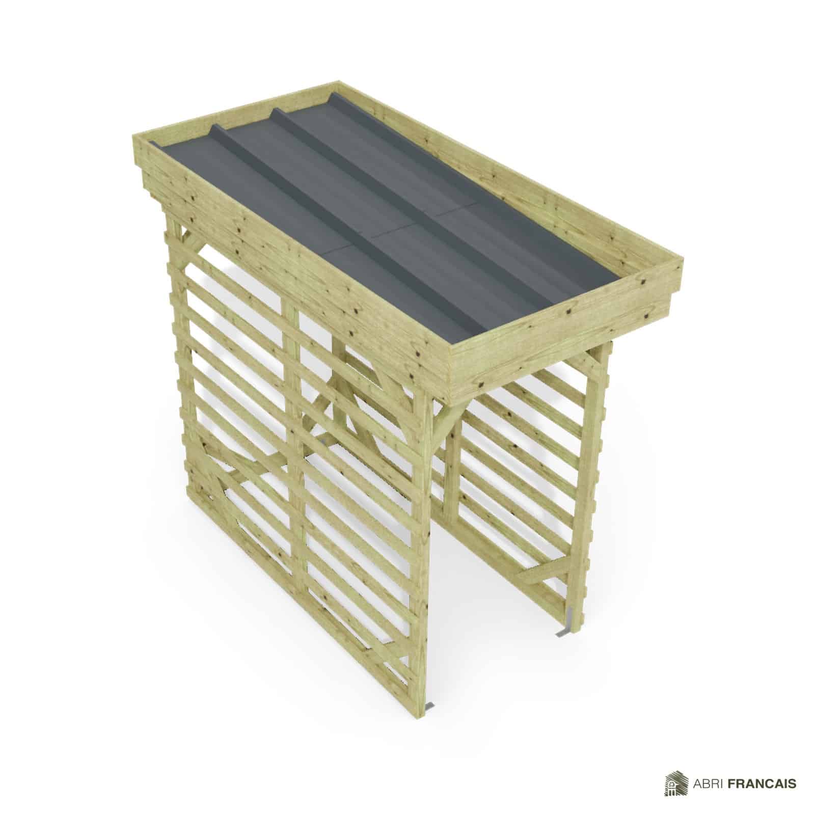 Abri à bûches 1 m × 2,27 m – vue du toit en bac acier