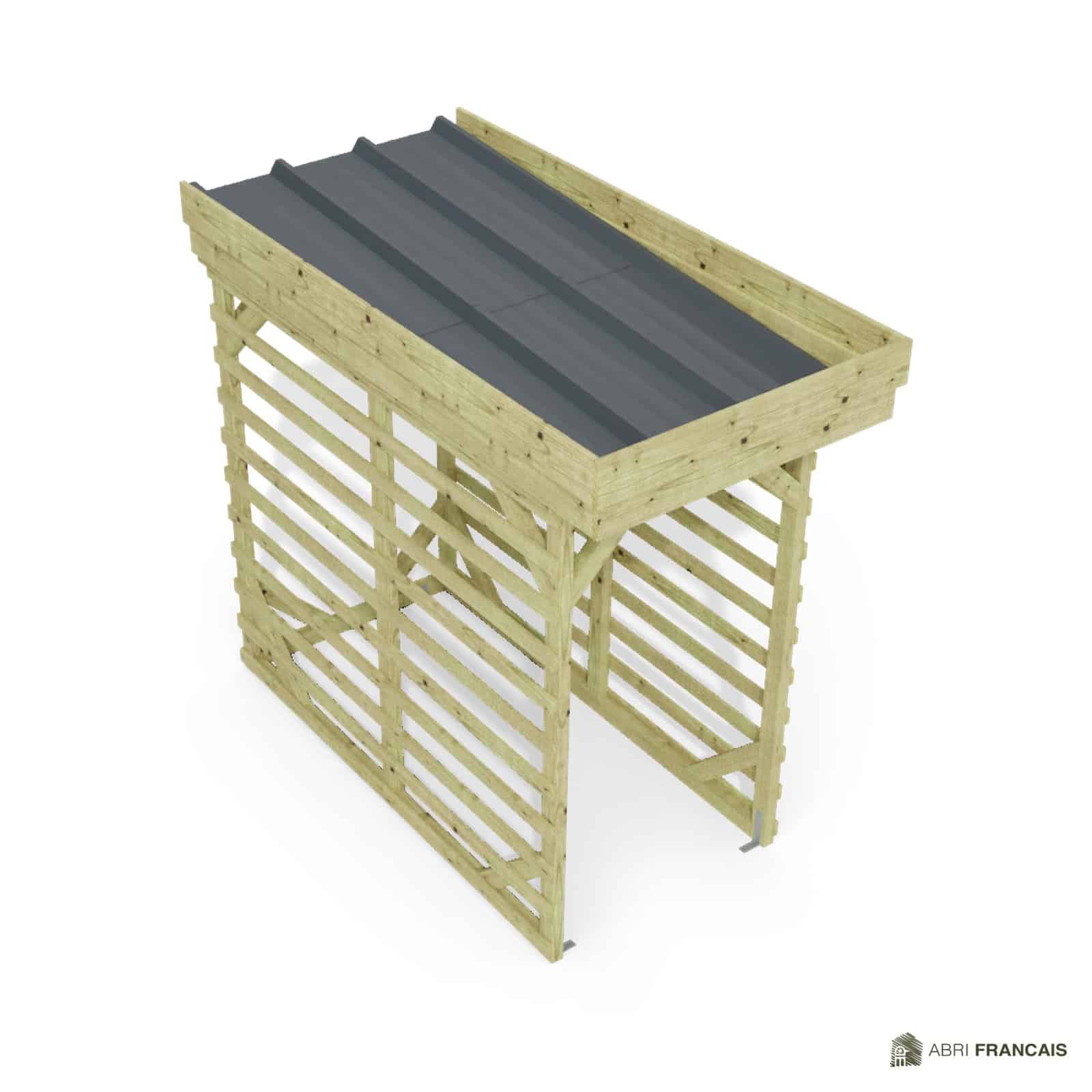 Abri à bûches 1 m × 2,27 m, adossé – vue du toit en bac acier