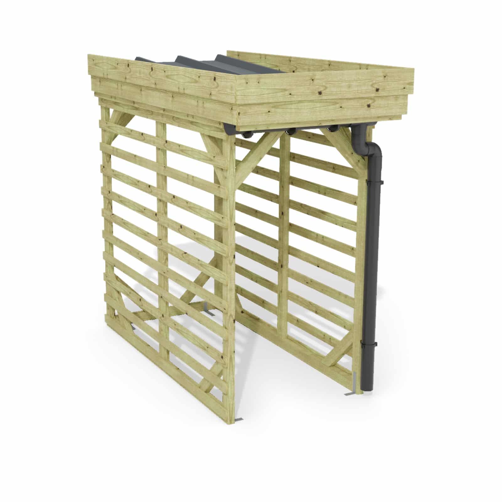Abri à bûches 1 m × 2,27 m, adossé, avec gouttière – rendu 3D sur fond blanc