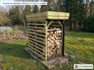 Abri à bûches 1 m × 2,27 m, adossé, avec gouttière – mise en situation