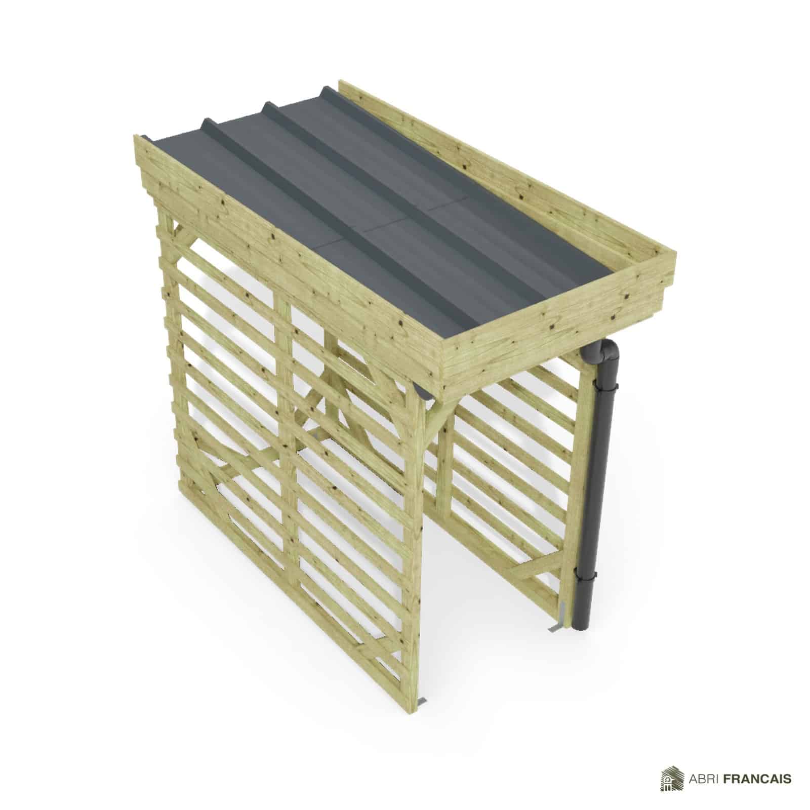 Abri à bûches 1 m × 2,27 m, adossé, avec gouttière – vue du toit en bac acier