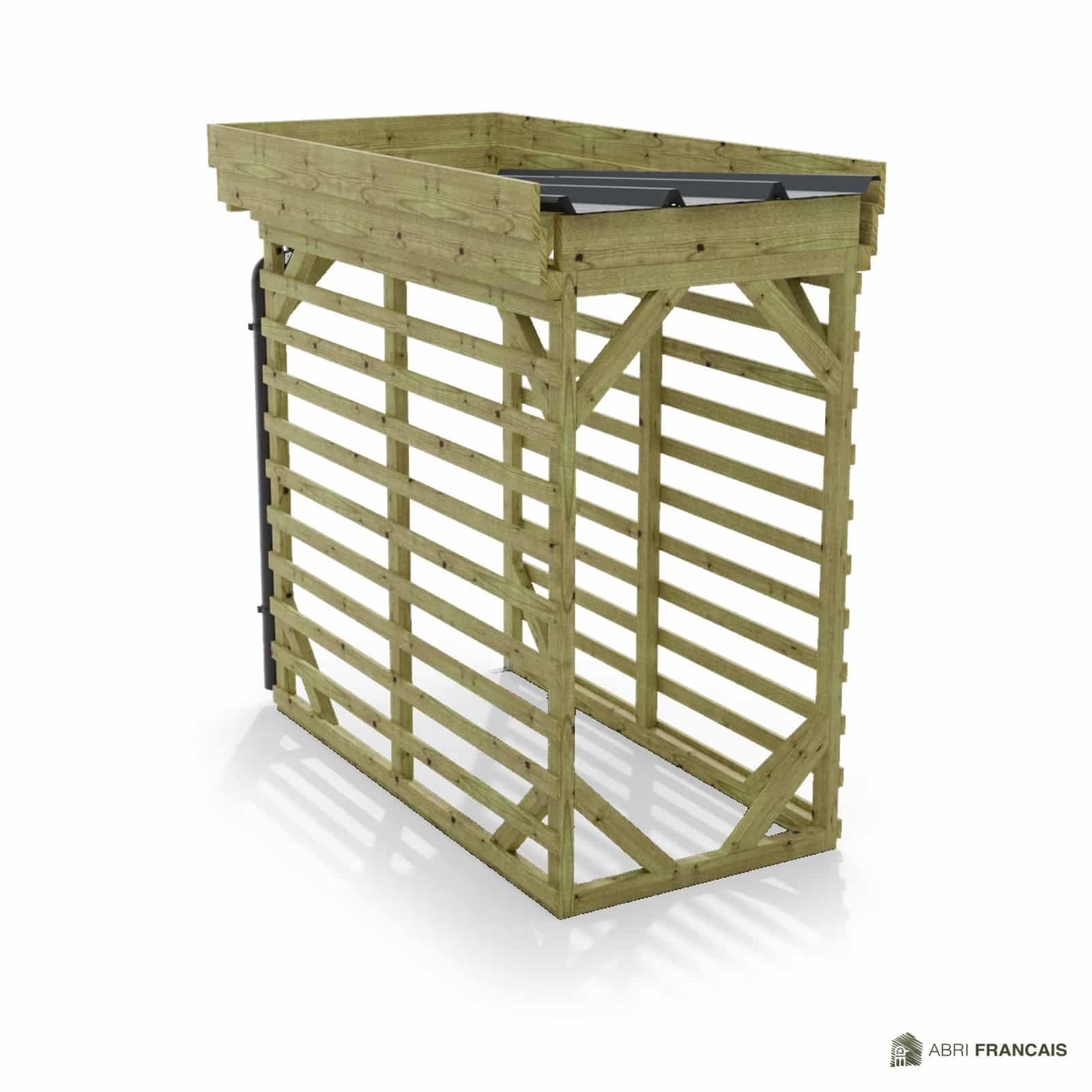 Abri à bûches 1 m × 2,27 m, adossé, avec gouttière – vue arrière, fond et côtés