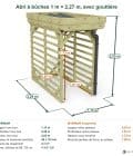 Abri à bûches 1 m × 2,27 m, avec gouttière – cotes extérieures et intérieures