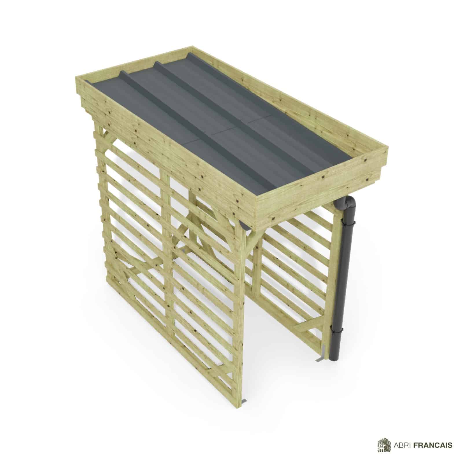 Abri à bûches 1 m × 2,27 m, avec gouttière – vue du toit en bac acier