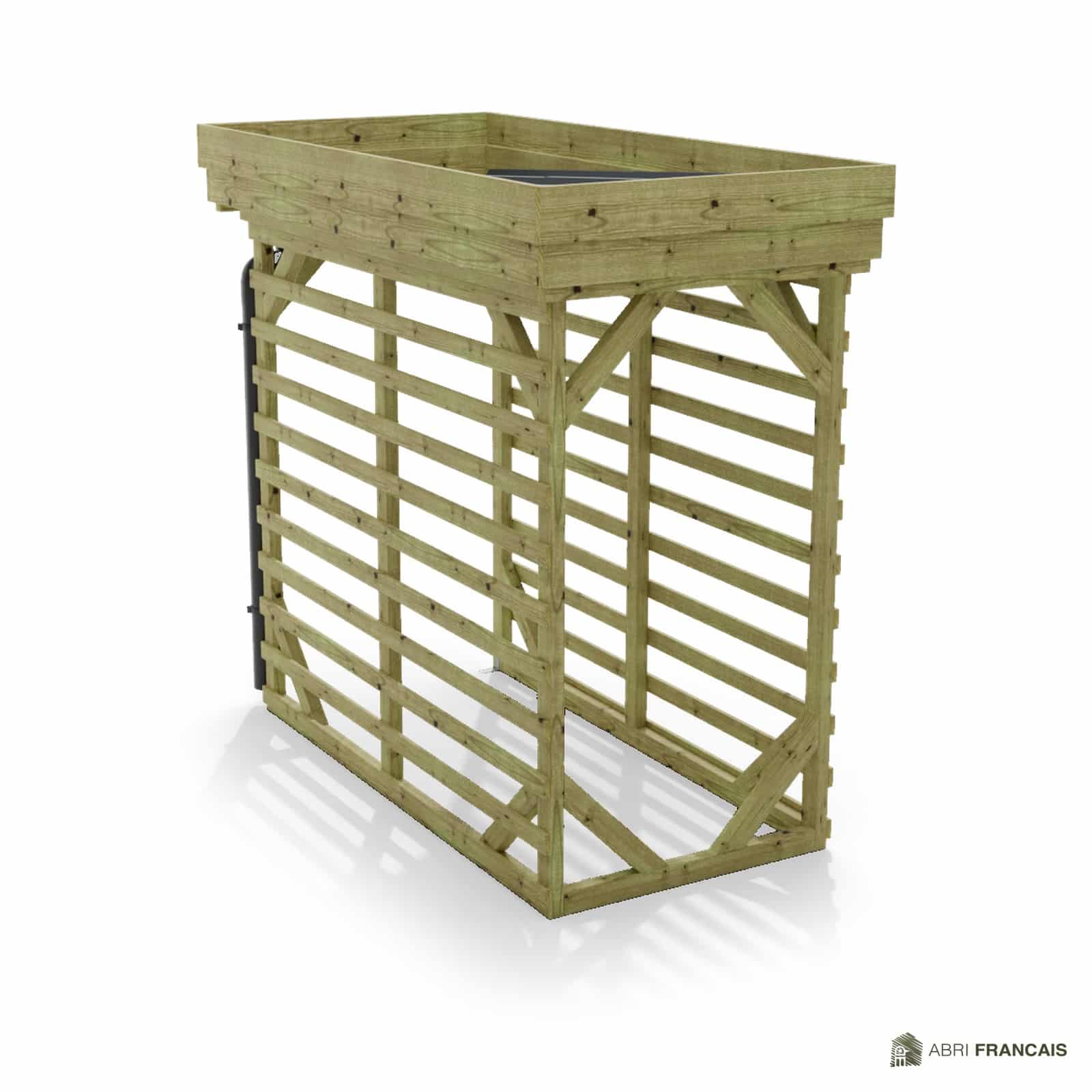 Abri à bûches 1 m × 2,27 m, avec gouttière – vue arrière, fond et côtés