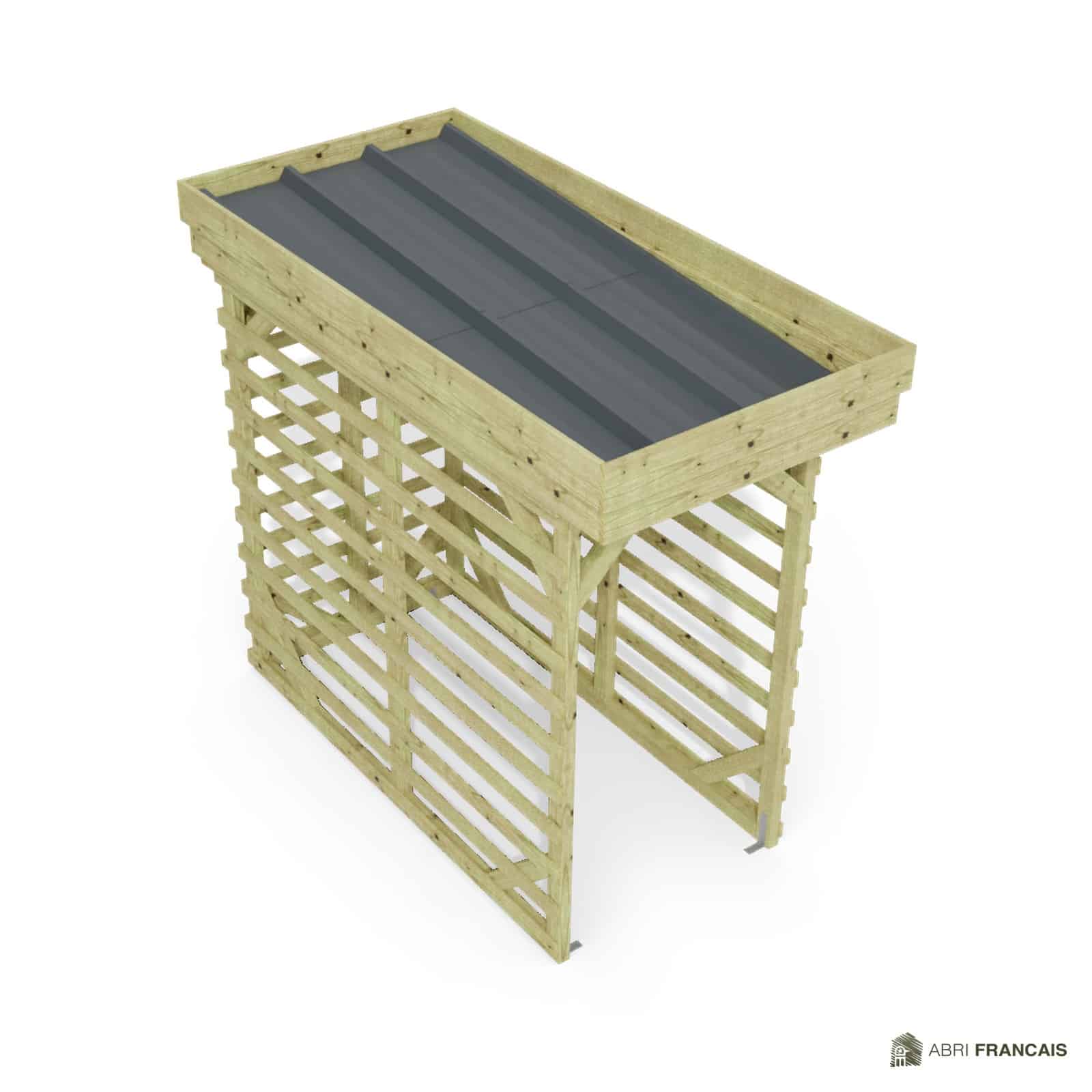 Abri à bûches 1 m × 2,27 m – vue du toit en bac acier