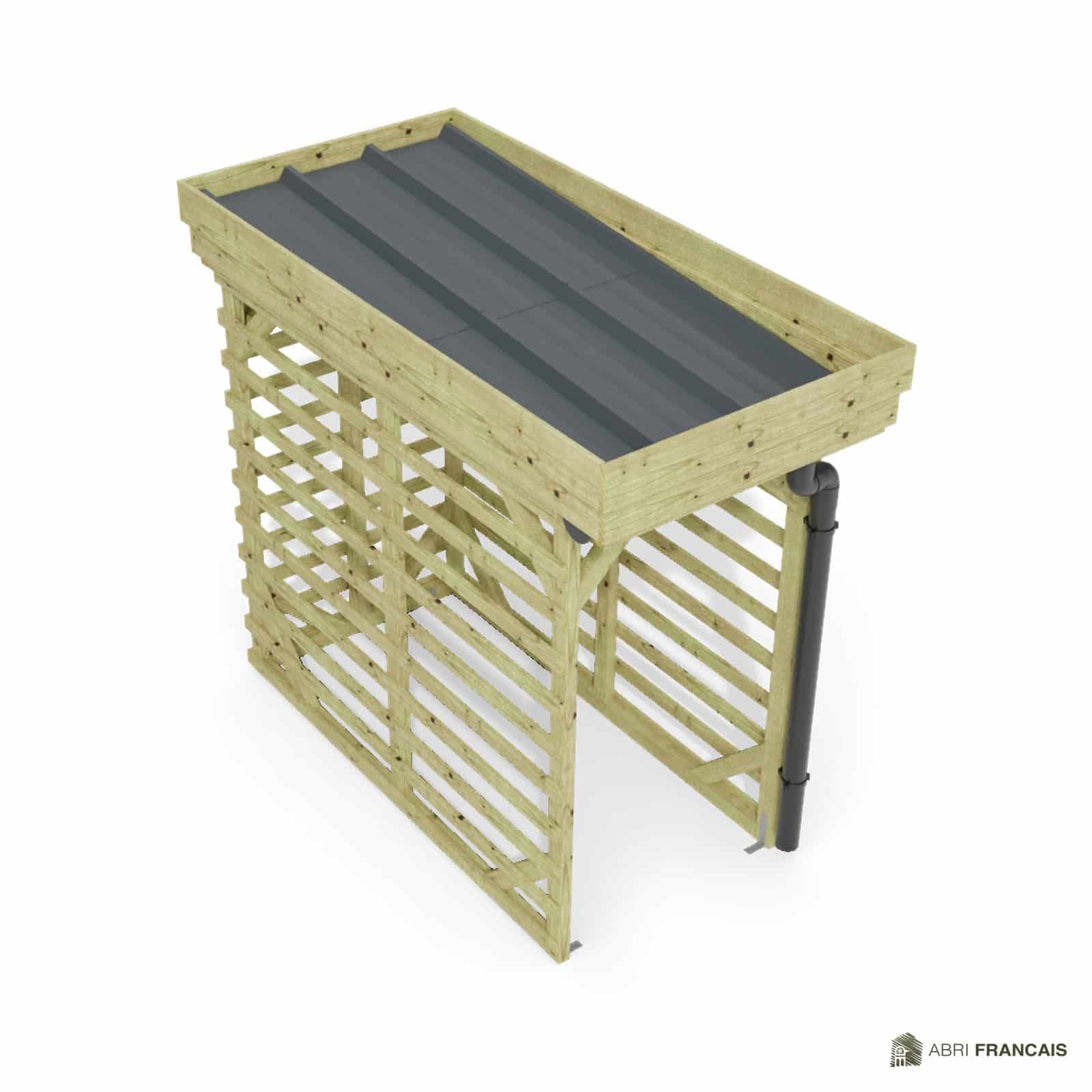Abri à bûches 1 m × 2,27 m, avec gouttière – vue du toit en bac acier