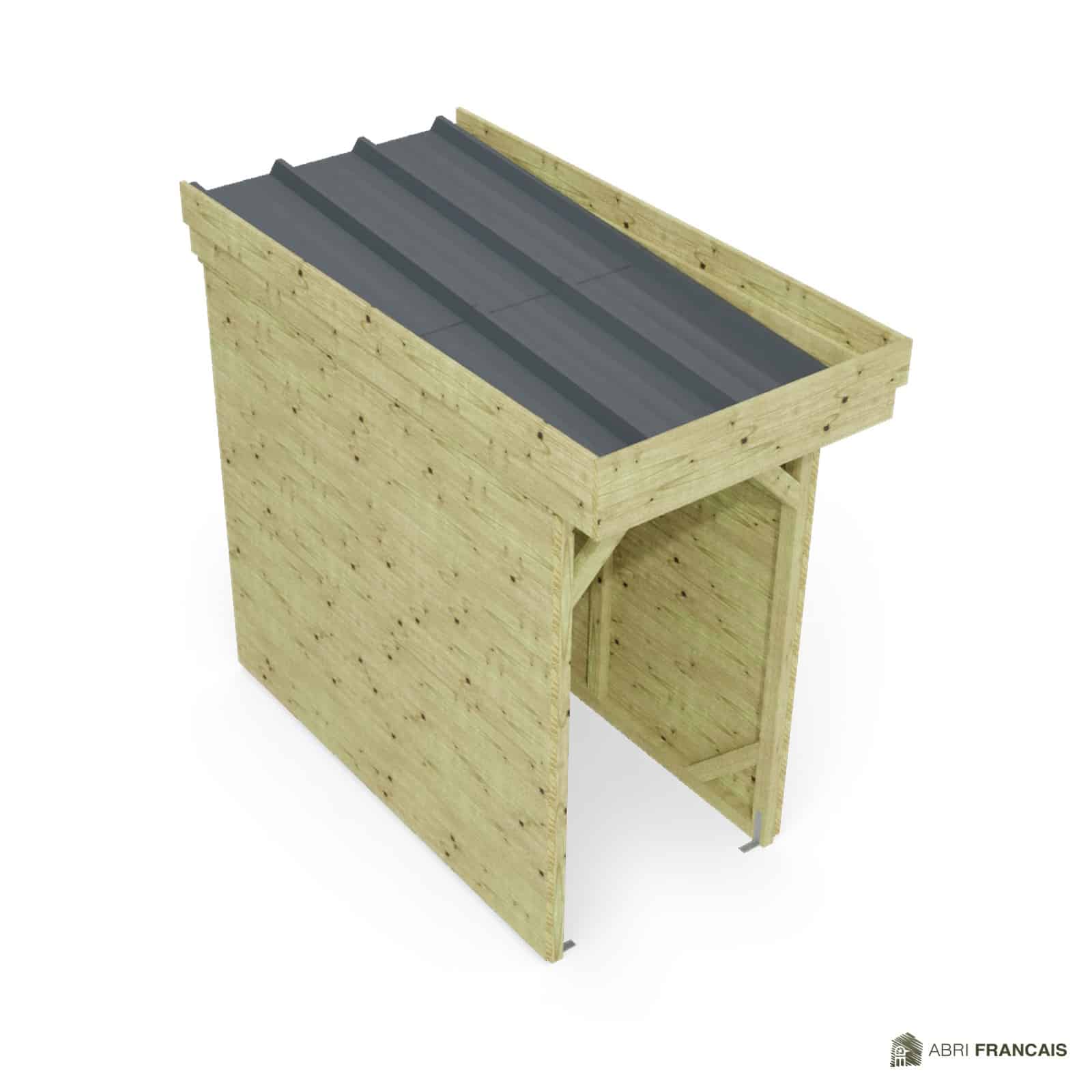 Abri à bûches 1 m × 2,27 m, adossé – vue du toit en bac acier