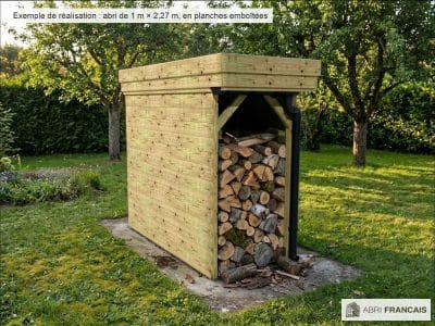 Abri à bûches 1 m × 2,27 m, adossé, avec gouttière – mise en situation