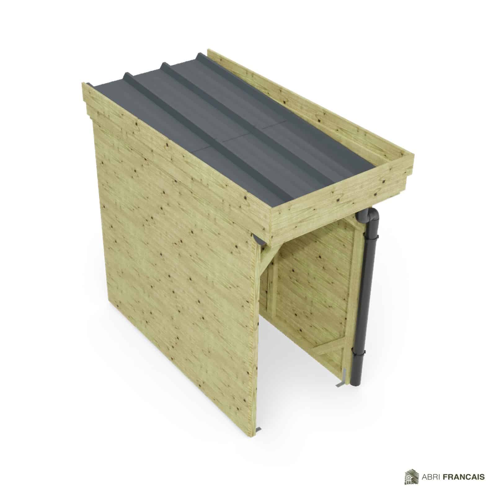 Abri à bûches 1 m × 2,27 m, adossé, avec gouttière – vue du toit en bac acier