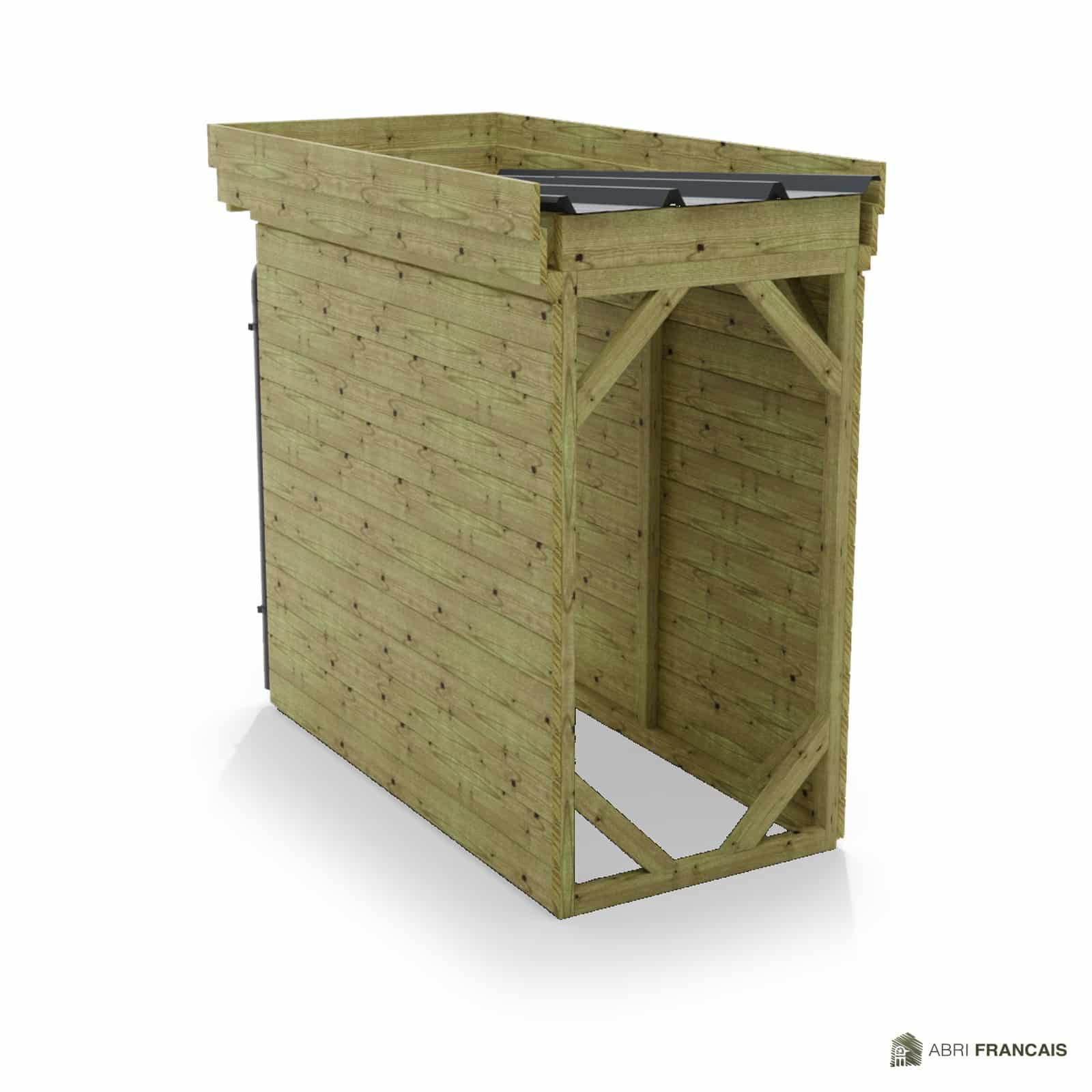 Abri à bûches 1 m × 2,27 m, adossé, avec gouttière – vue arrière, fond et côtés