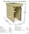 Abri à bûches 1 m × 2,27 m, avec gouttière – cotes extérieures et intérieures