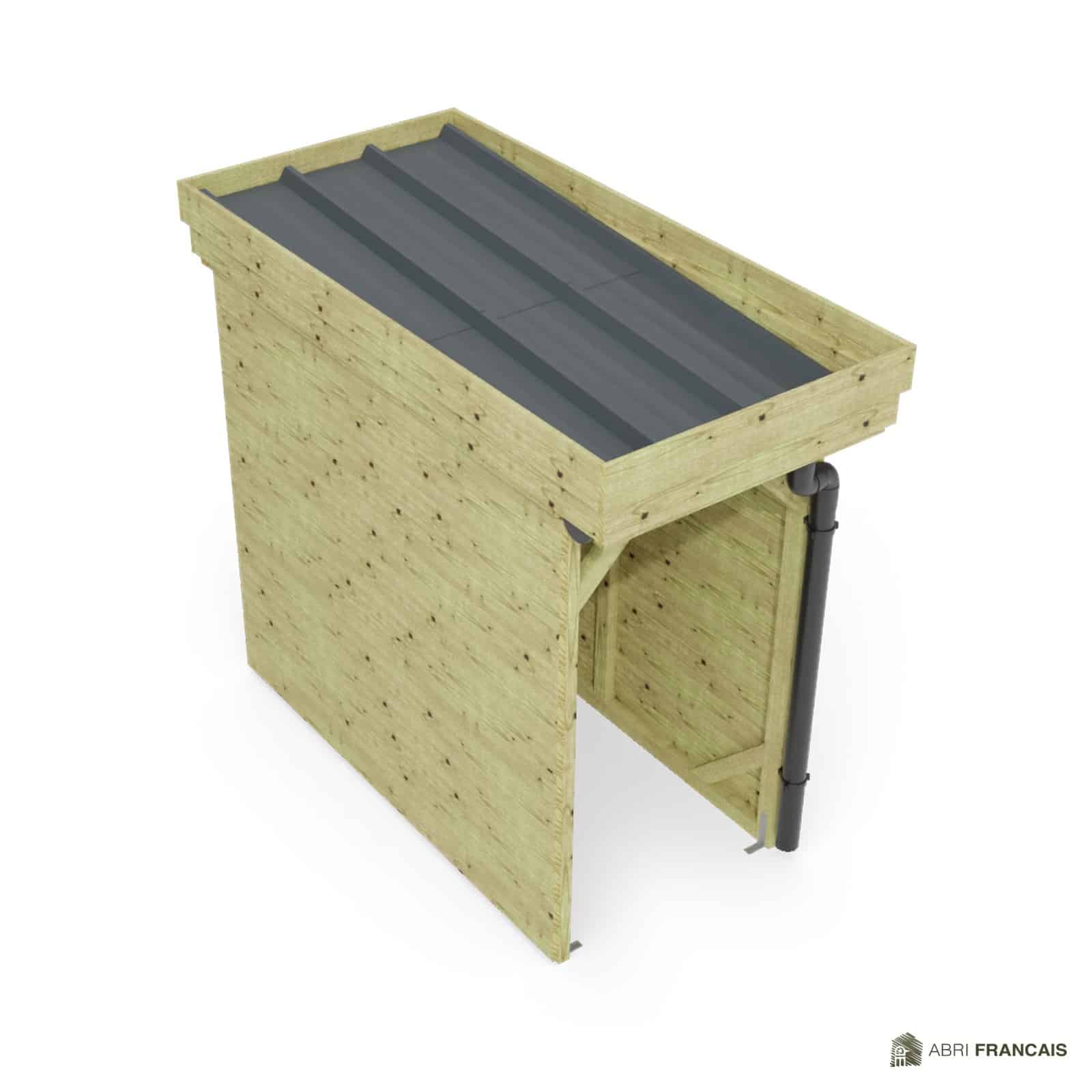 Abri à bûches 1 m × 2,27 m, avec gouttière – vue du toit en bac acier