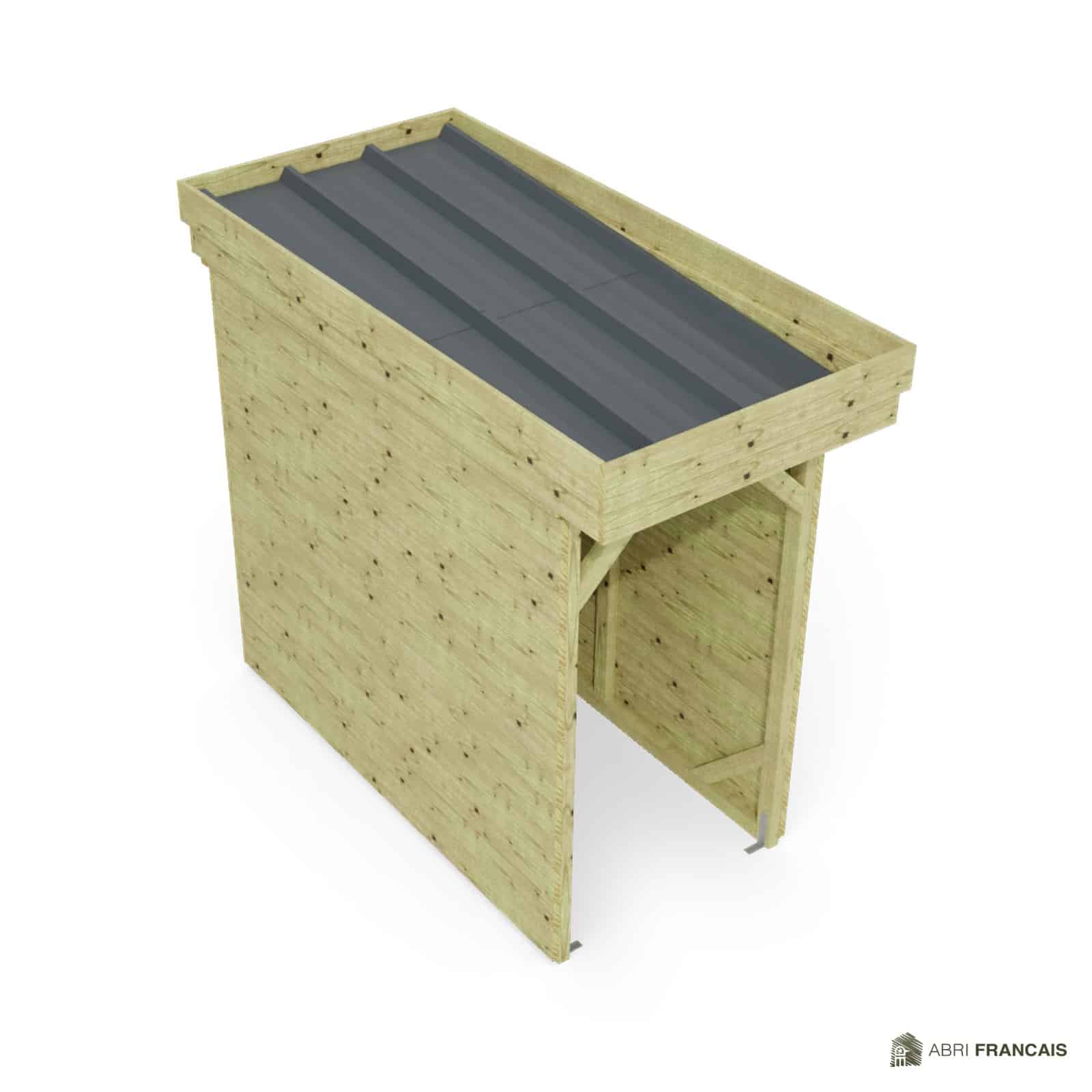 Abri à bûches 1 m × 2,27 m – vue du toit en bac acier