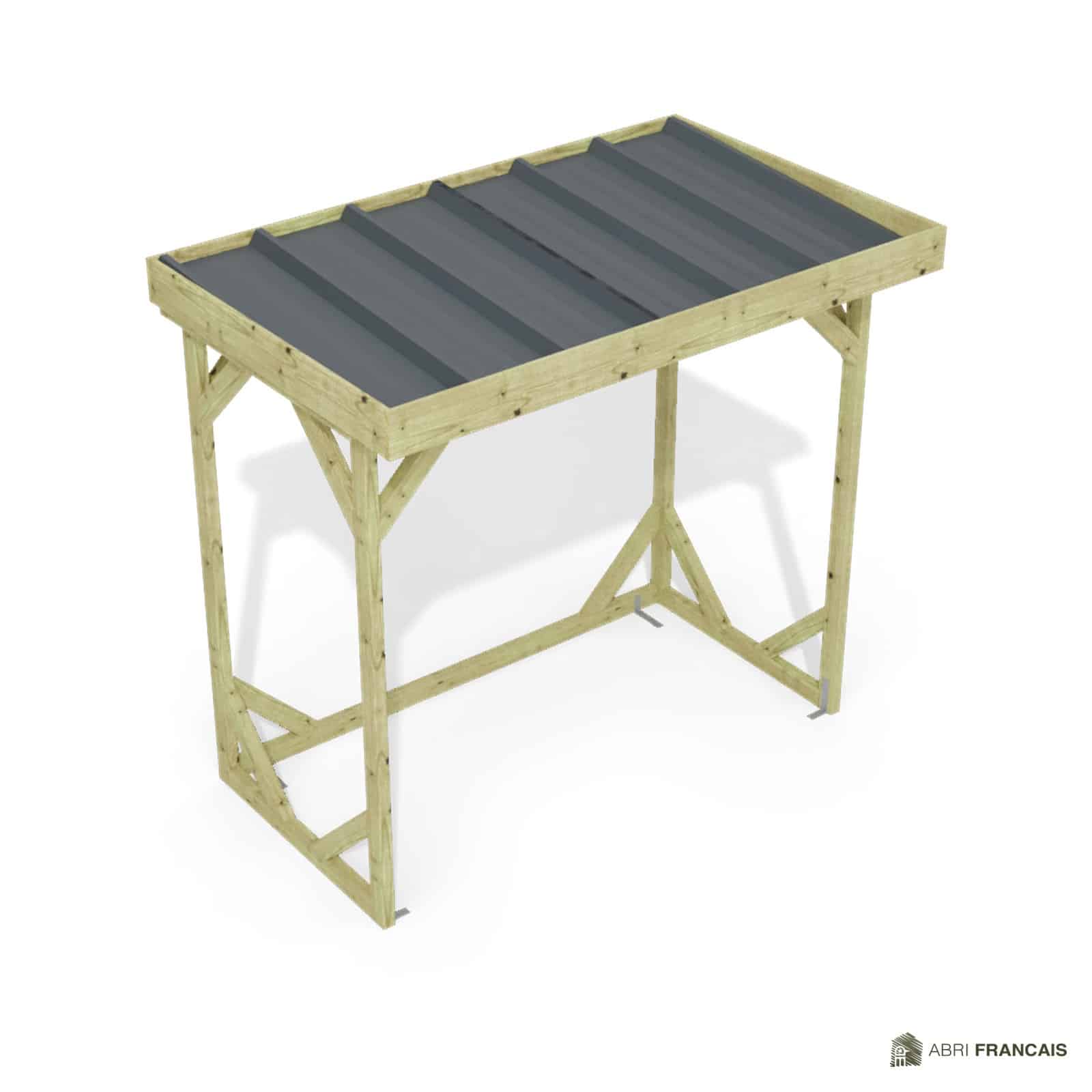 Abri à bûches 2 m × 1,30 m – vue du toit en bac acier
