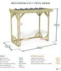 Abri à bûches 2 m × 1,30 m, adossé – cotes extérieures et intérieures