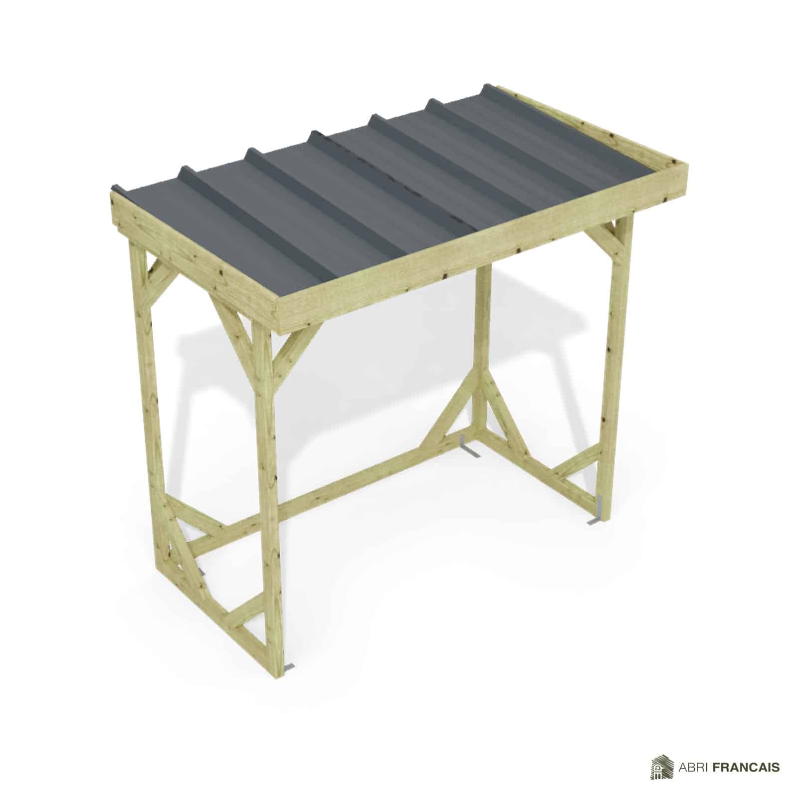 Abri à bûches 2 m × 1,30 m, adossé – vue du toit en bac acier