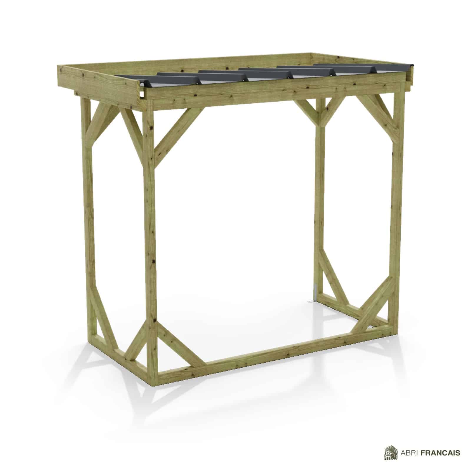 Abri à bûches 2 m × 1,30 m, adossé – vue arrière, fond et côtés