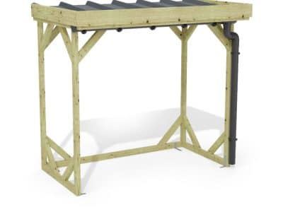 Abri à bûches 2 m × 1,30 m, adossé, avec gouttière – rendu 3D sur fond blanc