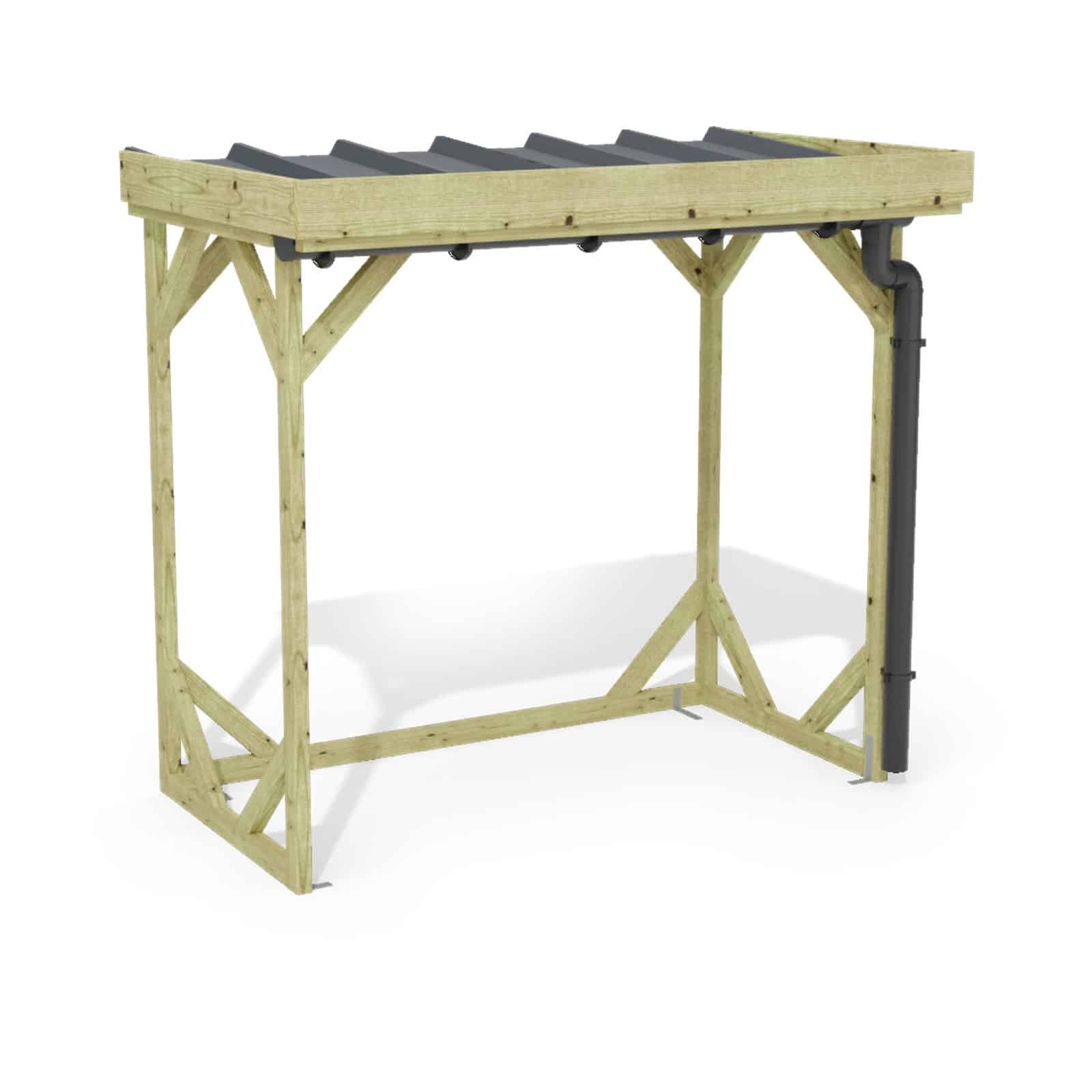 Abri à bûches 2 m × 1,30 m, adossé, avec gouttière – rendu 3D sur fond blanc