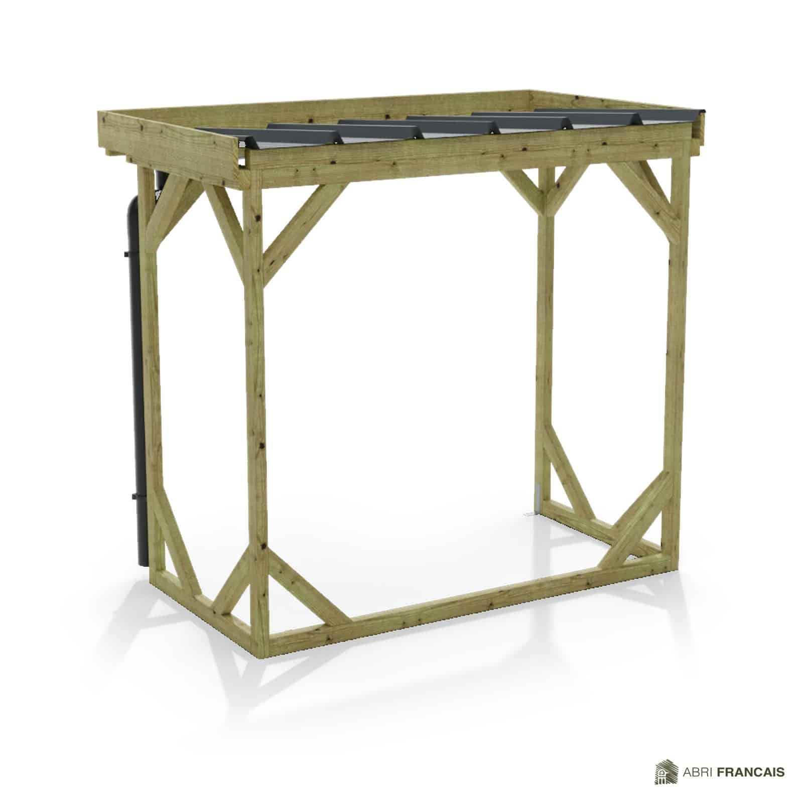 Abri à bûches 2 m × 1,30 m, adossé, avec gouttière – vue arrière, fond et côtés