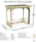 Abri à bûches 2 m × 1,30 m, avec gouttière – cotes extérieures et intérieures