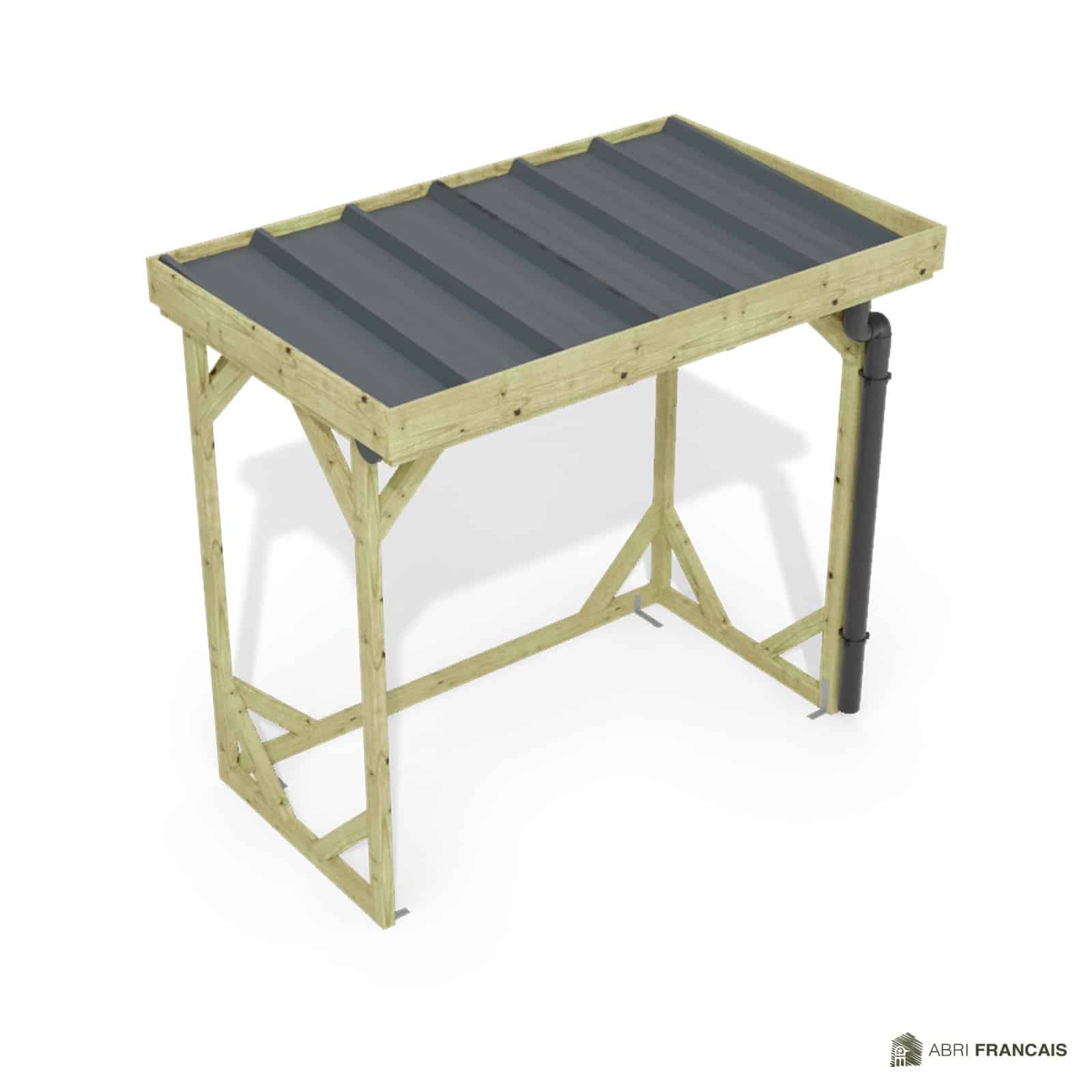 Abri à bûches 2 m × 1,30 m, avec gouttière – vue du toit en bac acier