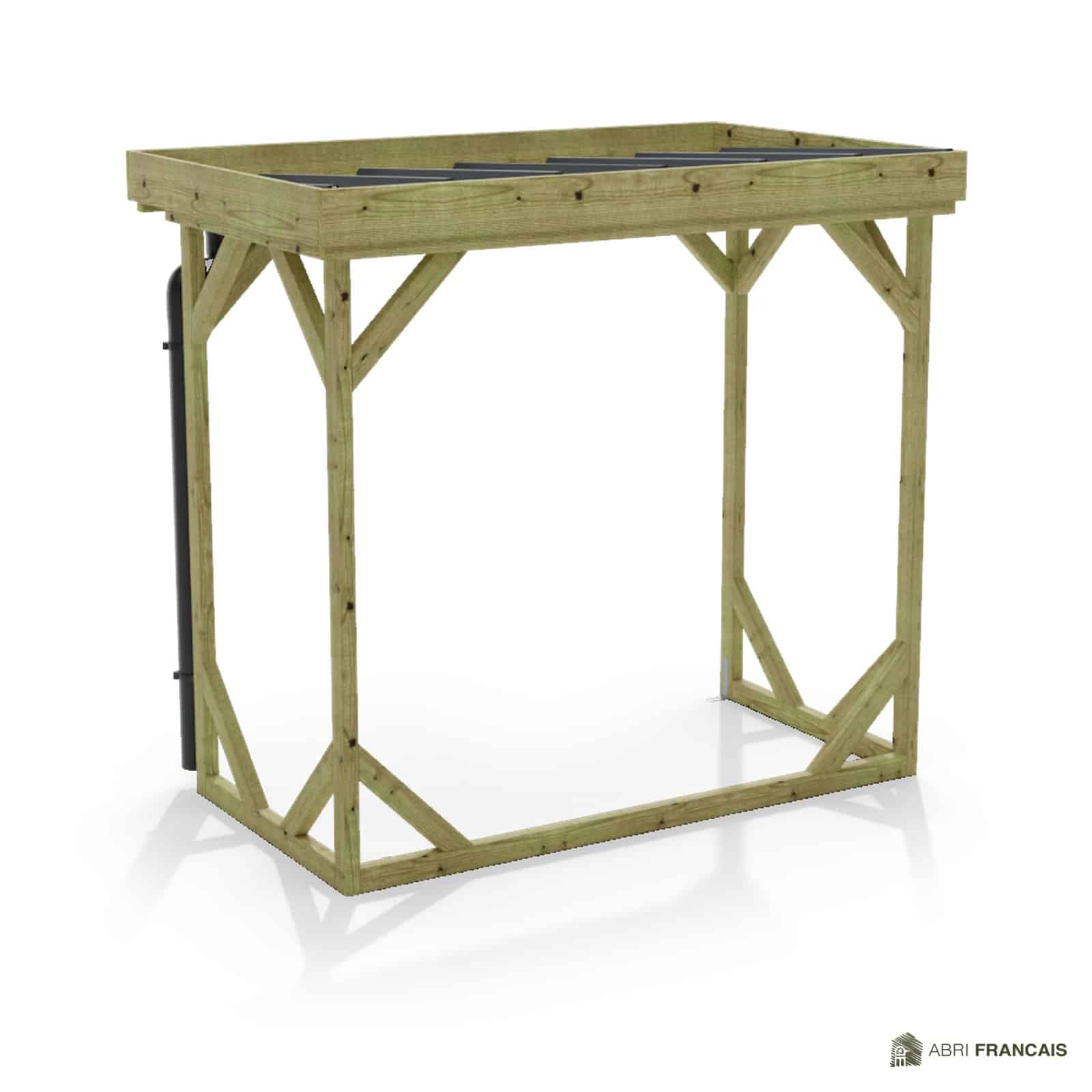 Abri à bûches 2 m × 1,30 m, avec gouttière – vue arrière, fond et côtés