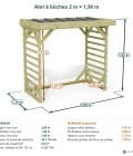 Abri à bûches 2 m × 1,30 m – cotes extérieures et intérieures