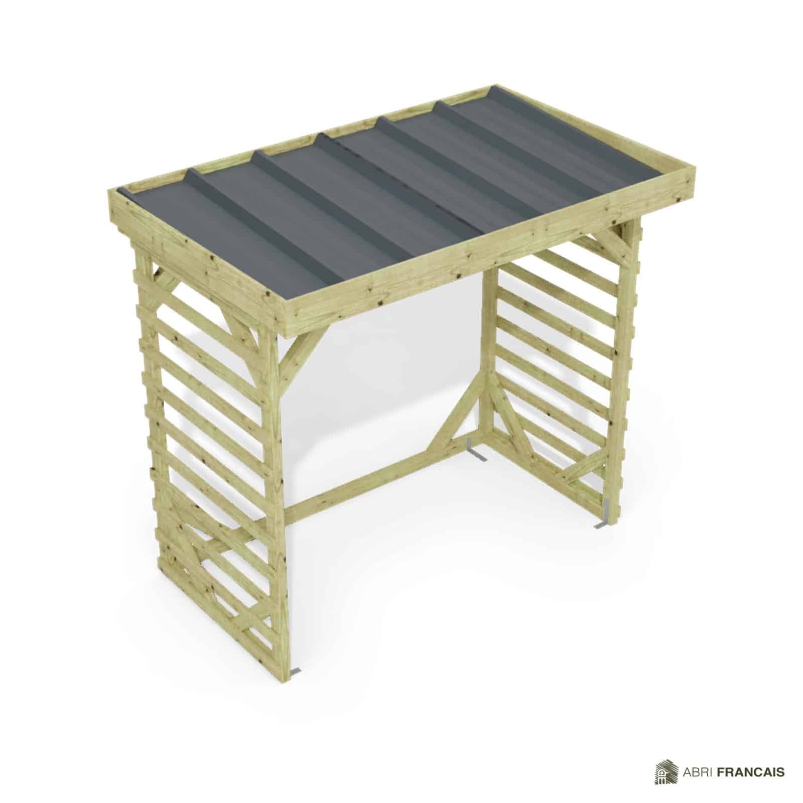Abri à bûches 2 m × 1,30 m – vue du toit en bac acier
