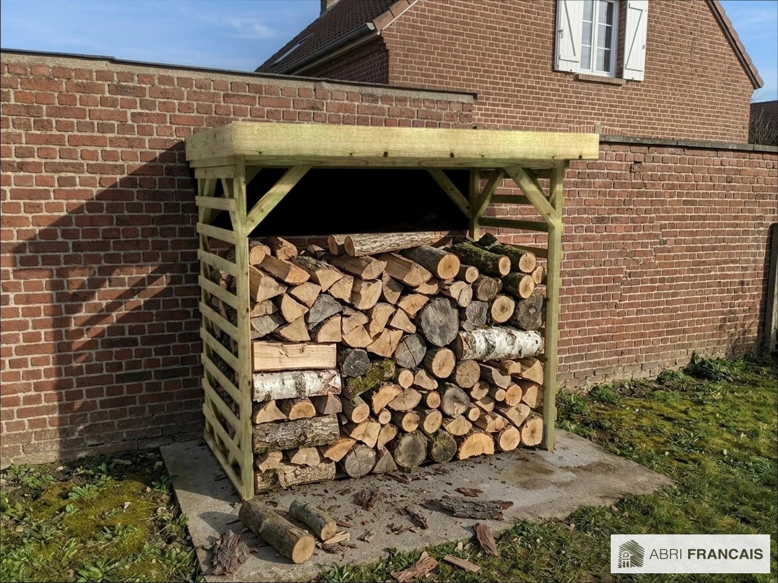Abri à bûches 2 m × 1,30 m, adossé – mise en situation