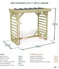 Abri à bûches 2 m × 1,30 m, adossé – cotes extérieures et intérieures