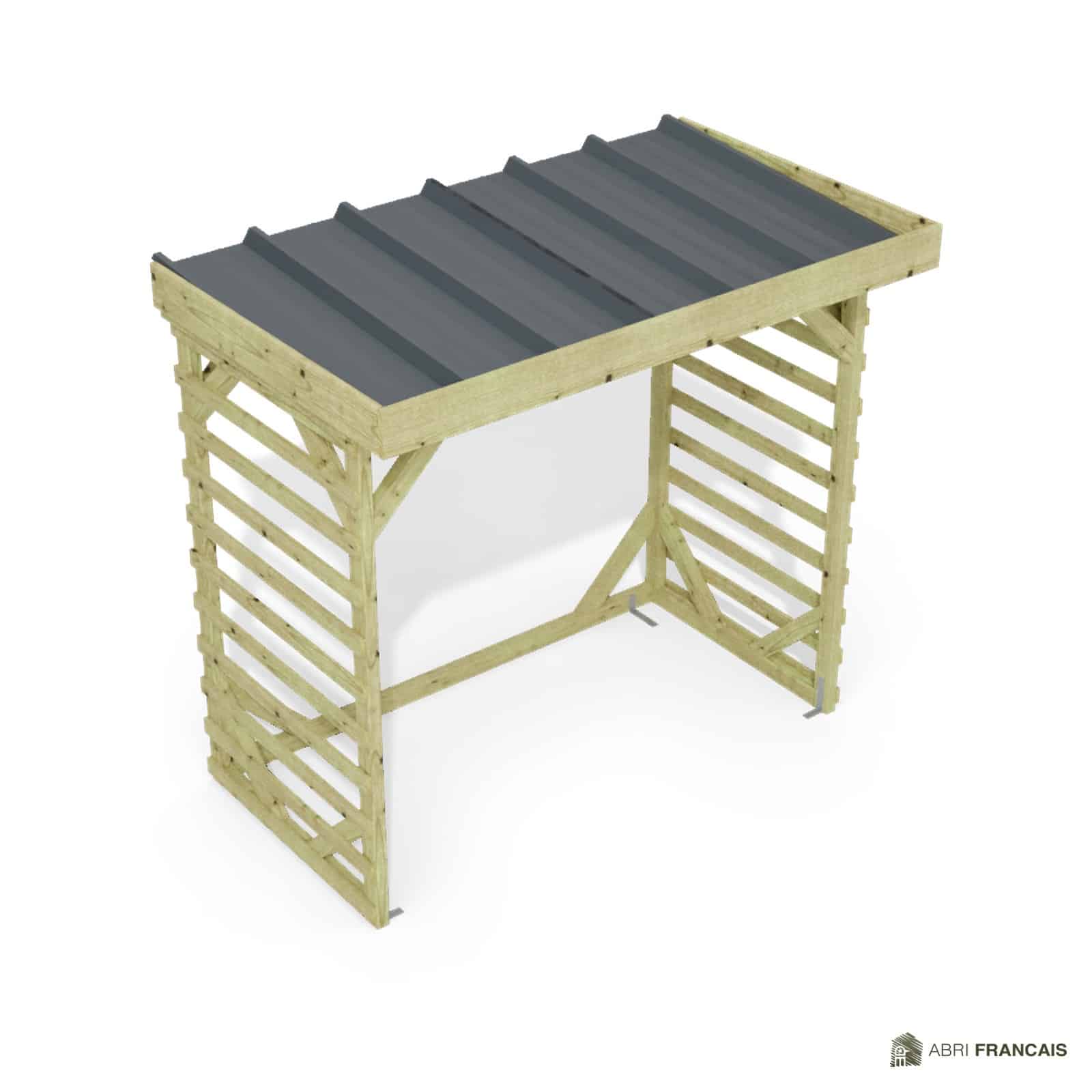 Abri à bûches 2 m × 1,30 m, adossé – vue du toit en bac acier